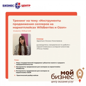 Центр «Мой бизнес» приглашает действующих продавцов маркетплейсов принять участие в бесплатном тренинге «Инструменты продвижения селлеров на маркетплейсах Wildberries и Ozon»
